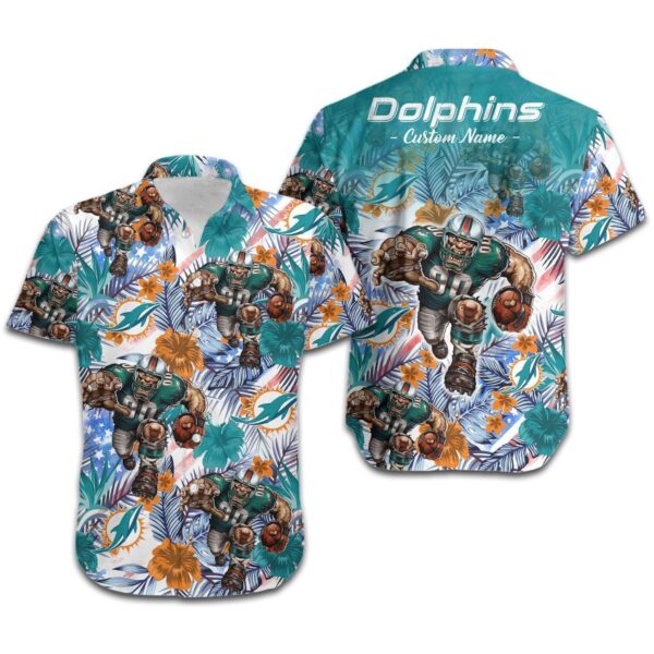 Miami Dolphins Hawaiian Shirt Tropical Floral America Flag Custom Name Funny