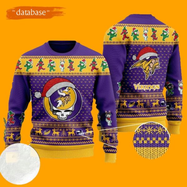 Minnesota Vikings Ugly Christmas Sweater Grateful Dead SKull And Bears 3D