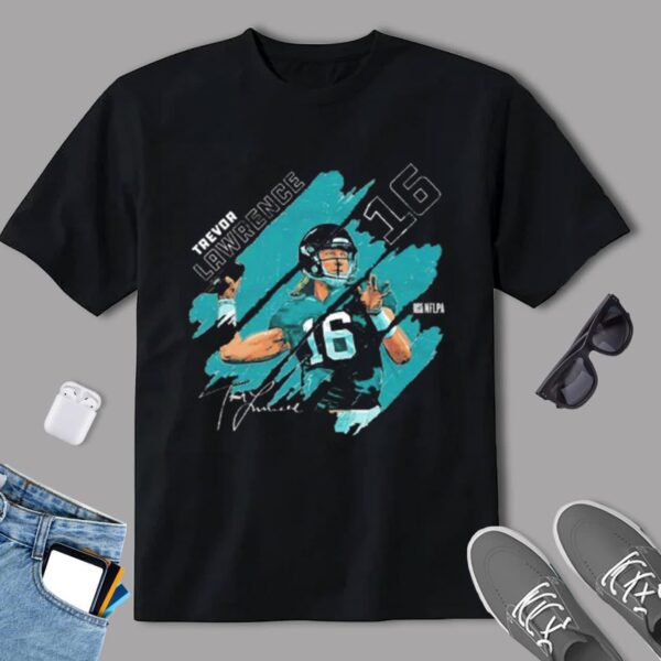 NFL Jacksonville Jaguars T shirt 16 Trevor Lawrence Stripes Signature