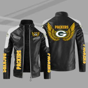Green Bay Packers Mens Leather Jacket Stand Collar Biker Coat Fleece Outwear