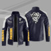 Green Bay Packers skull Mens Leather Jacket Stand Collar Biker Coat Fleece Outwear