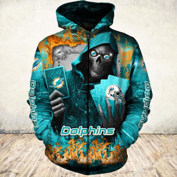 NFL Printed Miami Dolphins Hoodie Mens Halloween Death Card for fan