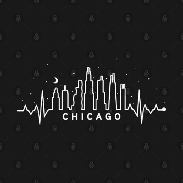 Chicago City Skyline EKG Heartbeat Night Sky Silhouette T Shirt 2