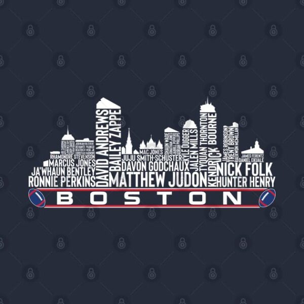 New England Football Team 23 Player Roster Boston City Skyline T Shirt 2