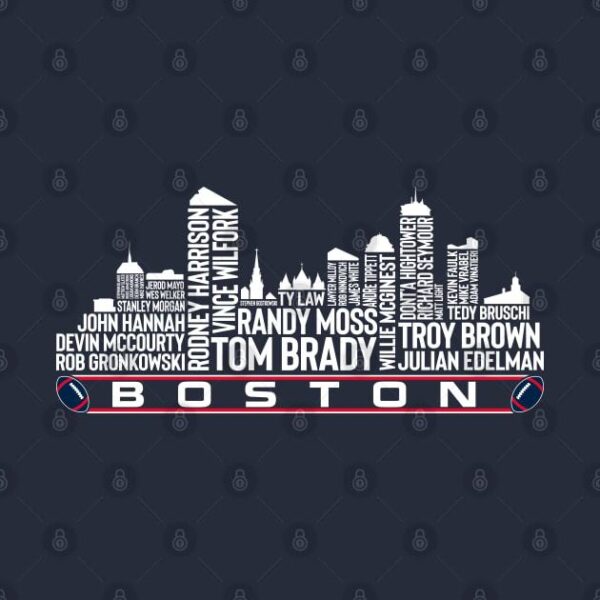 New England Football Team All Time Legends Boston City Skyline T Shirt 2