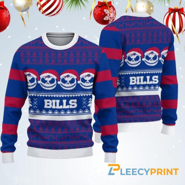 Buffalo Bills Jack Skellington Face Pattern Ugly Christmas Sweater Buffalo Bills Ugly Sweater