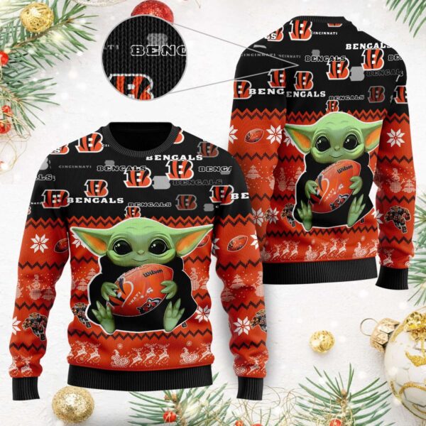 Cincinnati Bengals Baby Yoda Hug Football Football NFL Ugly Sweater Bengals Christmas Sweater