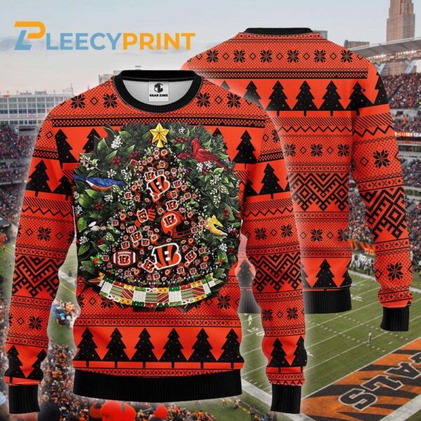 Cincinnati Bengals Christmas Football Pine Tree Shape Ugly Sweater Bengals Christmas Sweater