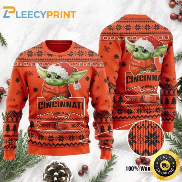 Cincinnati Bengals Cute Baby Yoda Grogu Holiday Party 2023 Ugly Christmas Sweater Bengals Christmas Sweater