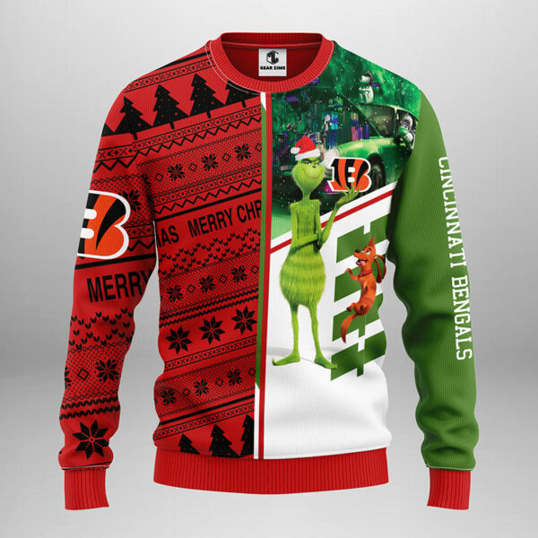 Cincinnati Bengals Funny Grinch And His Dog Max Christmas Ugly Sweater Bengals Christmas Sweater