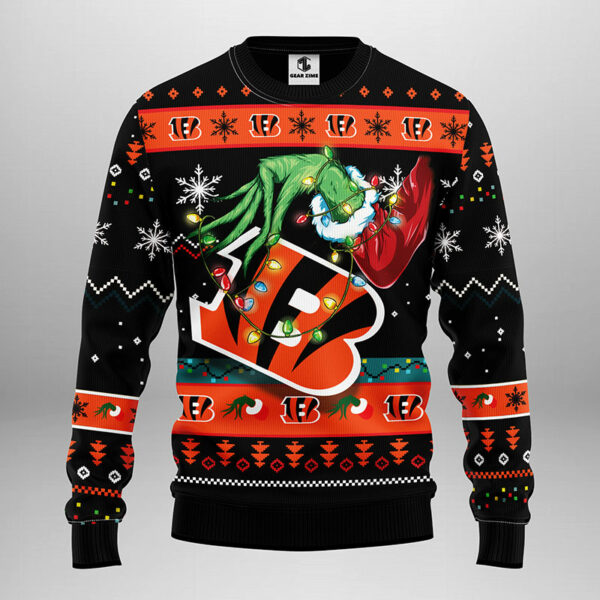 Cincinnati Bengals Grinch Christmas Light NFL Ugly Sweater Bengals Christmas Sweater