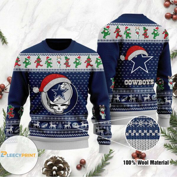 Dallas Cowboys Grateful Dead Bear Pattern Ugly Christmas Sweater Dallas Cowboys Ugly Christmas Sweater