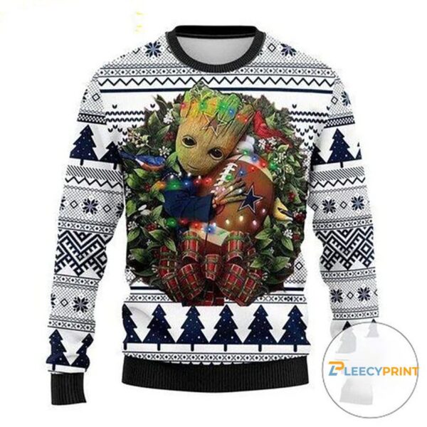 Dallas Cowboys Groot Hug NFL White Christmas Sweater Cowboys Ugly Christmas Sweater