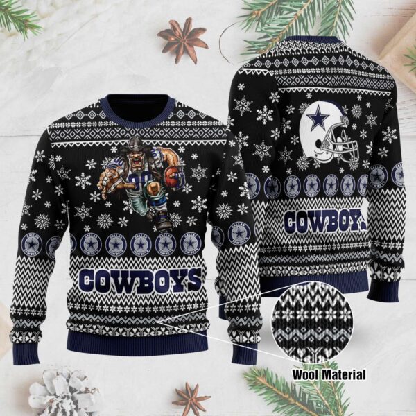 Dallas Cowboys Mascot Printed Black Ugly Sweater Christmas Dallas Cowboys Ugly Sweater