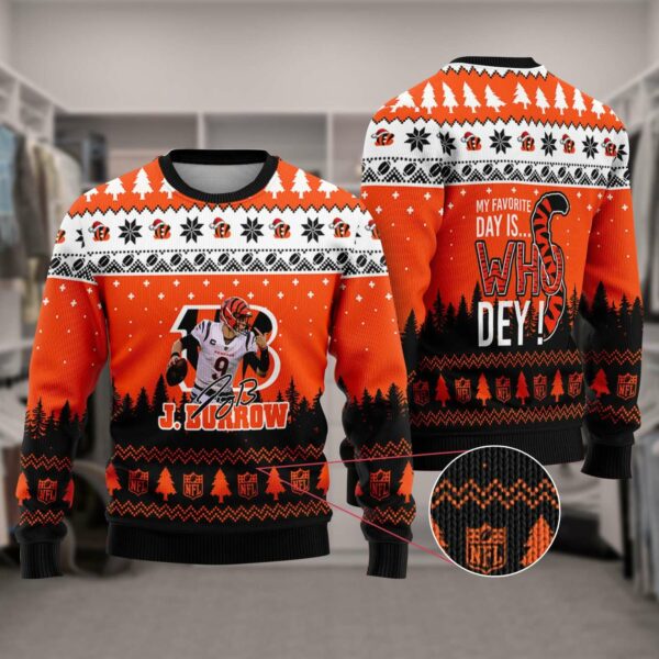 Joe Burrow 9 Super Bowl My Favorite Day Is Whoo Dey Christmas Sweater Cincinnati Bengals Ugly Sweater