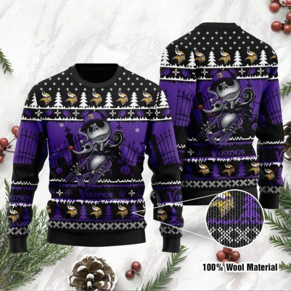 Minnesota Vikings Jack Skellington Halloween Ugly Christmas Sweater