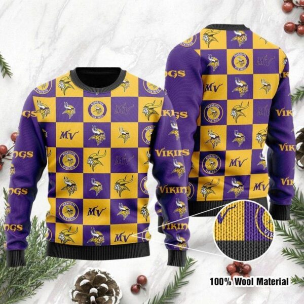 Minnesota Vikings Logo Checkered Flannel Square Design Ugly Sweater