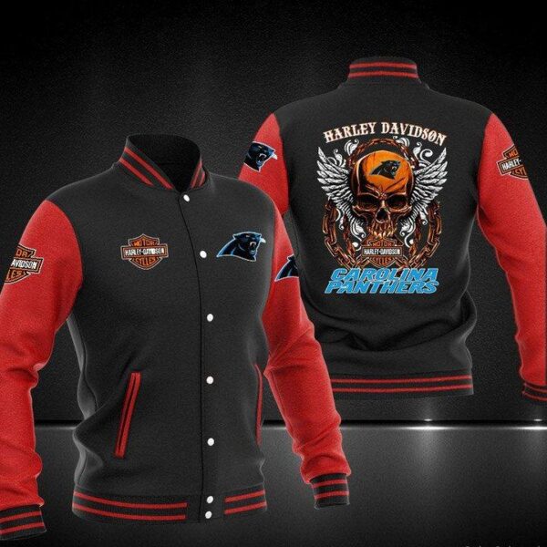 NFL Carolina Panthers Black Red Skull Baseball Jacket V2