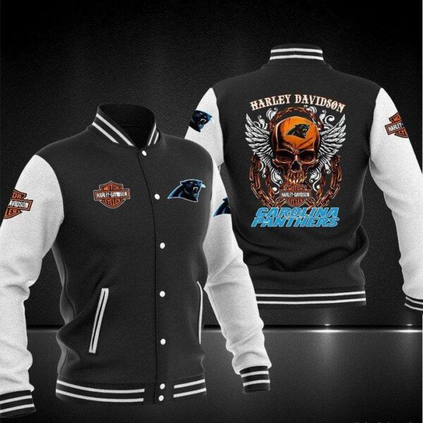 NFL Carolina Panthers Black Skull Baseball Jacket V2