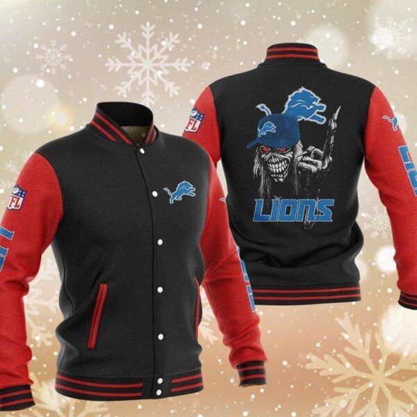 NFL Detroit Lions Black Red Iron Maiden Baseball Jacket