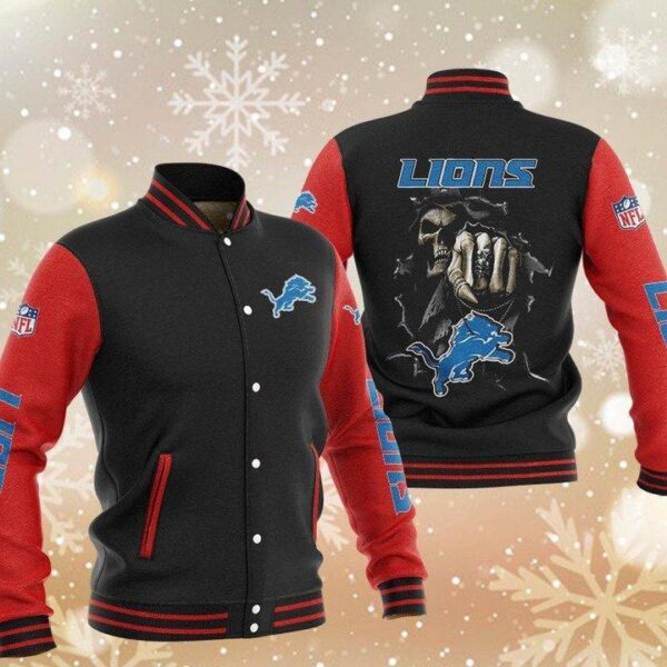 NFL Detroit Lions Black Red Skull Baseball Jacket