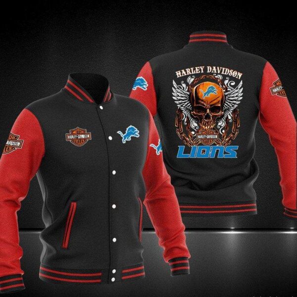 NFL Detroit Lions Black Red Skull Baseball Jacket V2