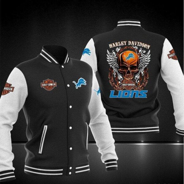 NFL Detroit Lions Black Skull Baseball Jacket V2