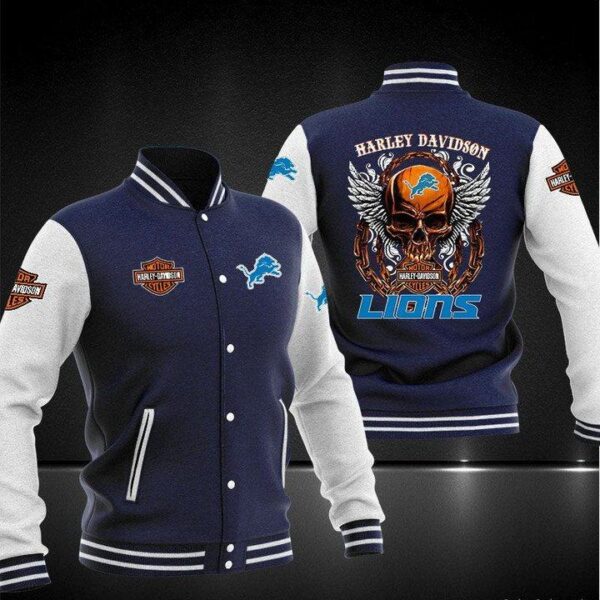 NFL Detroit Lions Navy Skull Baseball Jacket V2