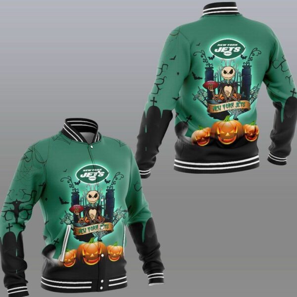 NFL New York Jets Jack Skellington Halloween Baseball Jacket