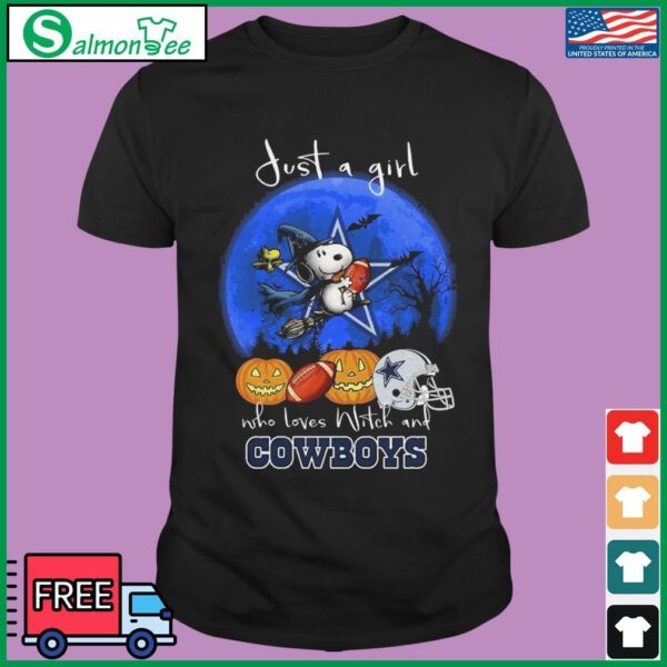Original snoopy Just A Girl Who Loves Witch And Dallas Cowboys NFL Halloween Shirt