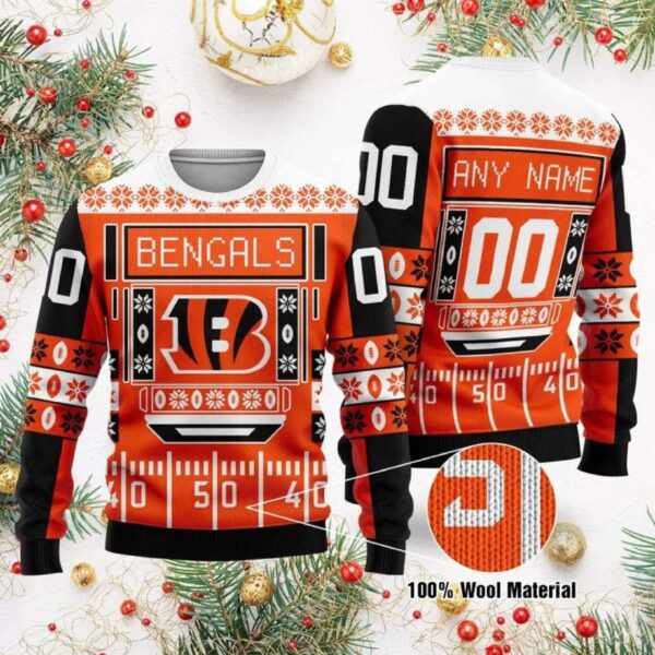 Personalized Cincinnati Bengals Fooball Field Ugly Christmas Sweater Bengals Christmas Sweater