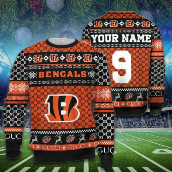 Personalized Cincinnati Bengals Ugly Christmas Sweater Shirt Custom Name Number Cincinnati Bengals Ugly Sweater