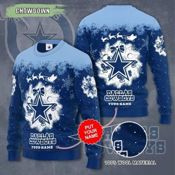 Personalized Dallas Cowboys Wreath Snowflake Ugly Christmas Sweater Dallas Cowboys Christmas Sweater