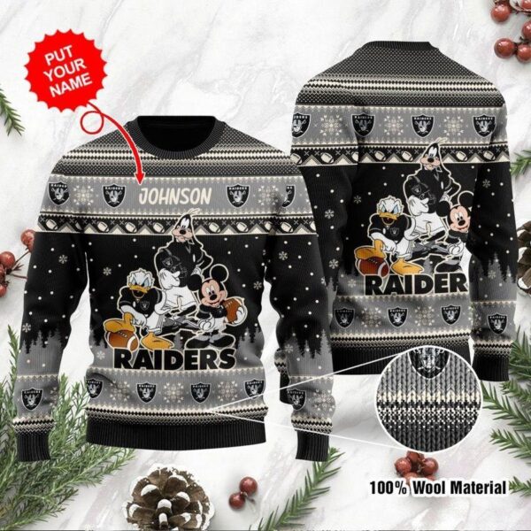 Raiders Disney Donald Duck Mickey Mouse Goofy NFL Personalized Christmas Ugly Sweater