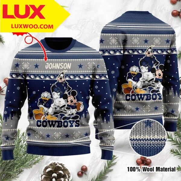 Dallas Cowboys 3D Ugly Christmas Sweater Dallas Cowboys Disney Donald Duck Mickey Mouse Goofy