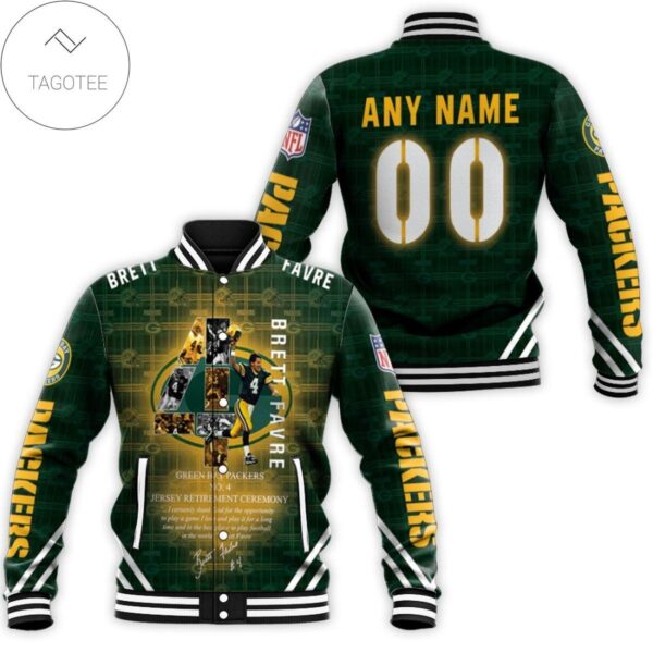 GREEN BAY PACKERS baseball jacket BRETT FAVBRE 4 RETIREMENT CEREMONY NFL gift custom name number for fan