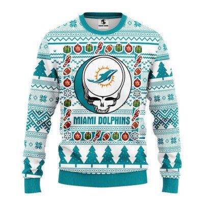 Miami Dolphins Grateful Dead Ugly Christmas Fleece Sweater