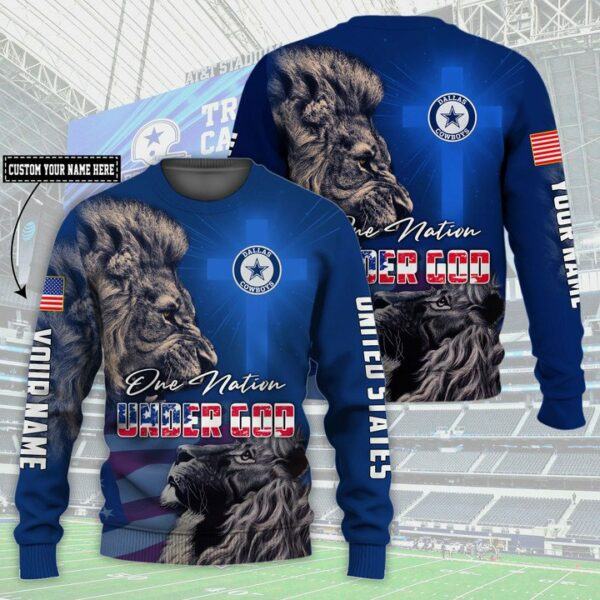 NFL Dallas Cowboys sweater lion Custom Name One Nation Under God All Over Print Thicken Sweater