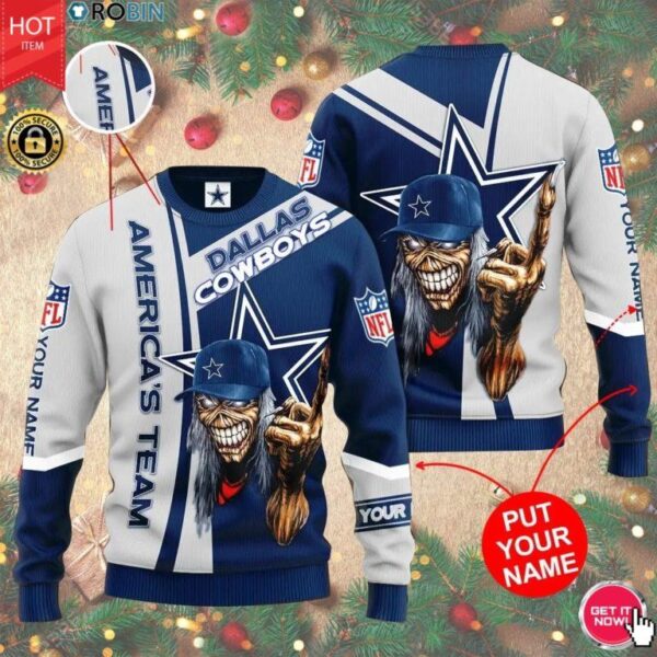 Personalized Name Dallas Cowboys nfl, Football Skull Wool ugly Sweater christmas gift