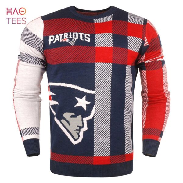 BEST New England Patriots Men's Plaid Crew Neck NFL Ugly Sweater