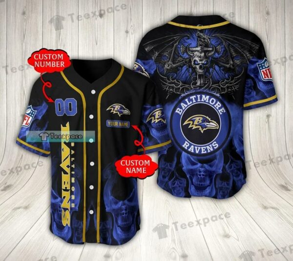 Custom Baltimore Ravens Blue Fire Skull Hell Dragon Baseball Jersey 1