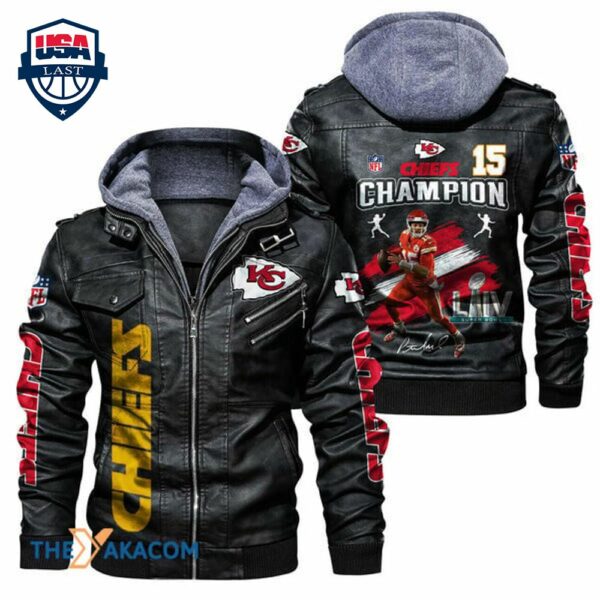Kansas City Chiefs NFL Super Bowl LIV Champions Patrick Mahomes 15 hoodie Leather Jacket