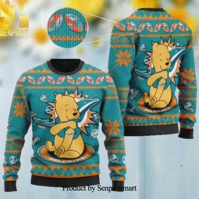 Miami Dolphins NFL American Football Cute Winnie, The Pooh Bear Christmas Wool Knitted 3D Sweater