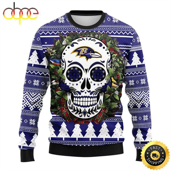 NFL Baltimore Ravens Skull Flower Ugly Christmas Ugly Sweater best cheap