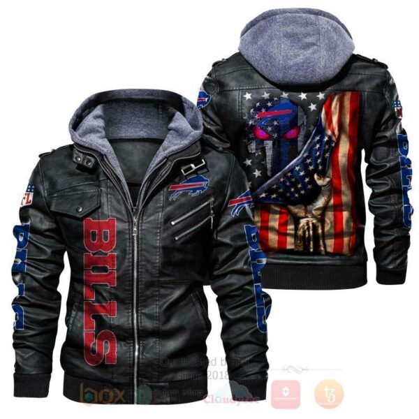 NFL Buffalo Bills Punisher Skull American Flag 2D mens hoodie Leather Jacket