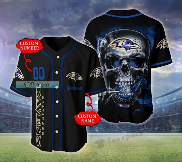 Personalized Ravens Blue Flame Skull Baltimore Ravens Baseball Jersey 1