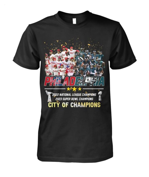 Philadelphia 2022 National League Champions 2023 Super Bowl Champions City Of Champions T Shirt 1