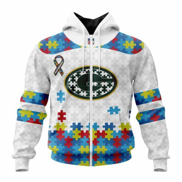 Custom Name And Number NFL Green Bay Packers Special Autism Awareness Design Hoodie 2
