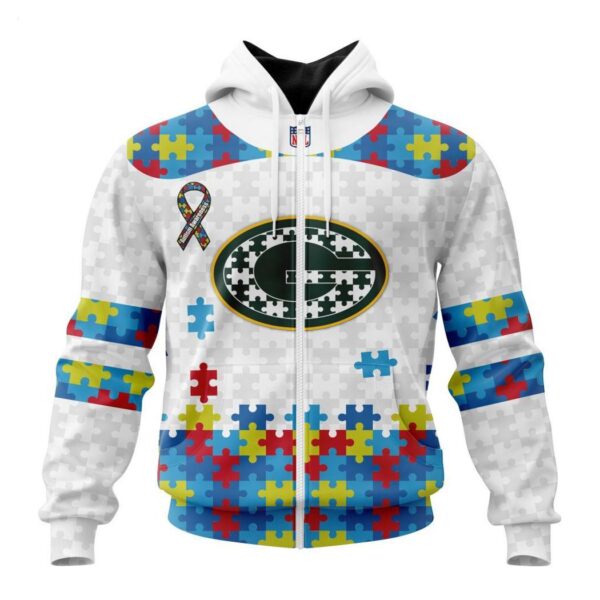 Custom Name And Number NFL Green Bay Packers Special Autism Awareness Design Hoodie 2