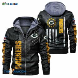 Green Bay Packers NFL USA Flag retro mens Leather Jacket